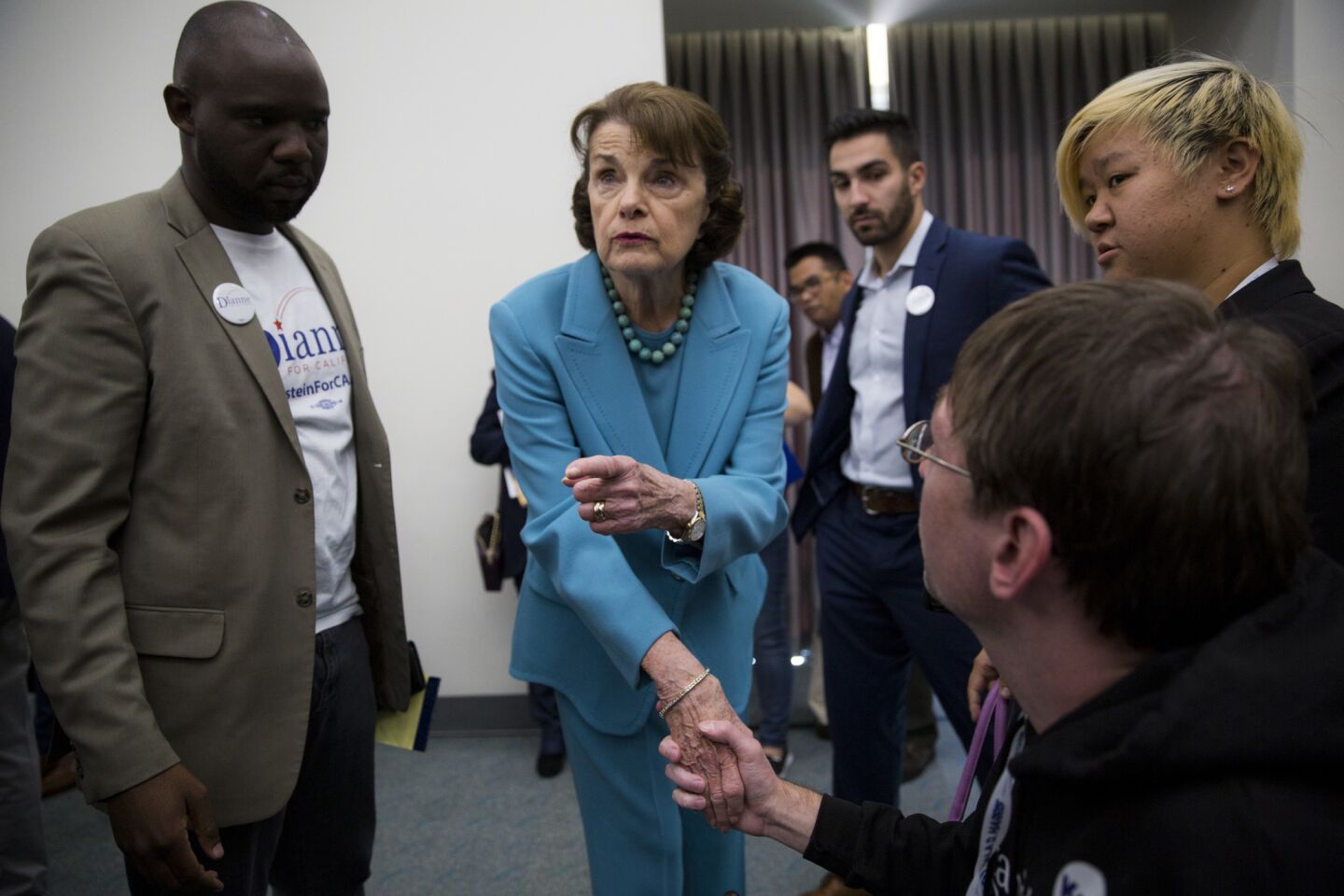Senator Dianne Feinstein greets people after speaking to the Environmental Caucus at the Democrats State Convention.