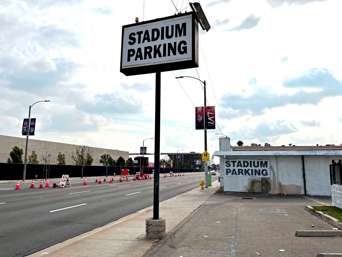 A parking lot across from SoFi Stadium sits empty.