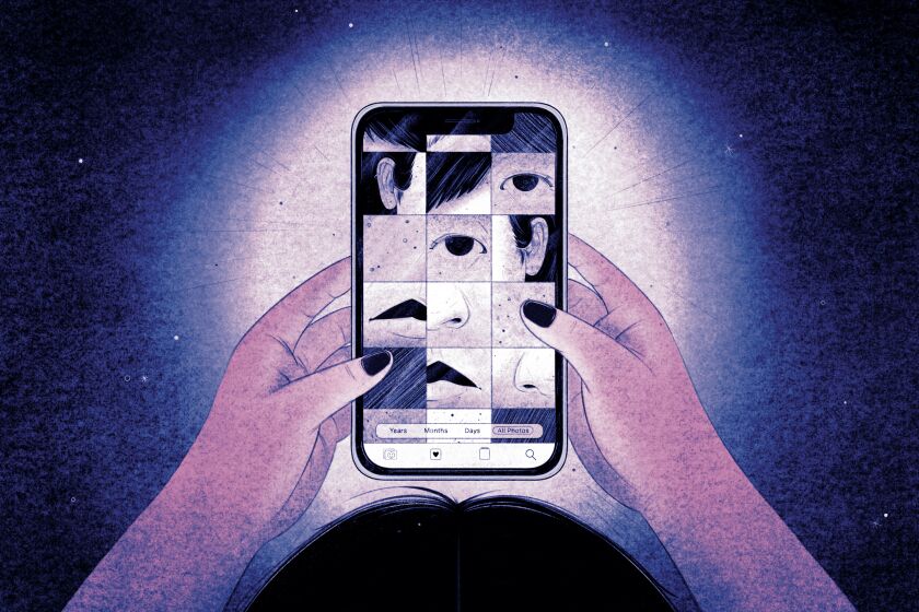Illustration of a view of person holding a phone, close up cropped pics of their face on the screen.