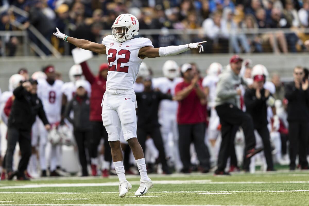 Stanford cornerback Obi Eboh reacts in the fourth quarter of a football game against California.