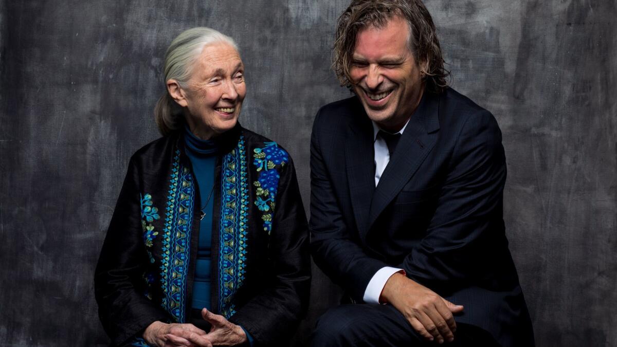"Jane" director Brett Morgen and primatologist Jane Goodall are photographed at the Hollywood Loews hotel.