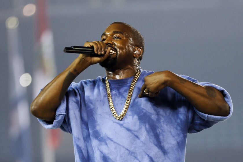 FILE - In this July 26, 2015, file photo, Kanye West performs during the closing ceremony of the Pan Am Games in Toronto.