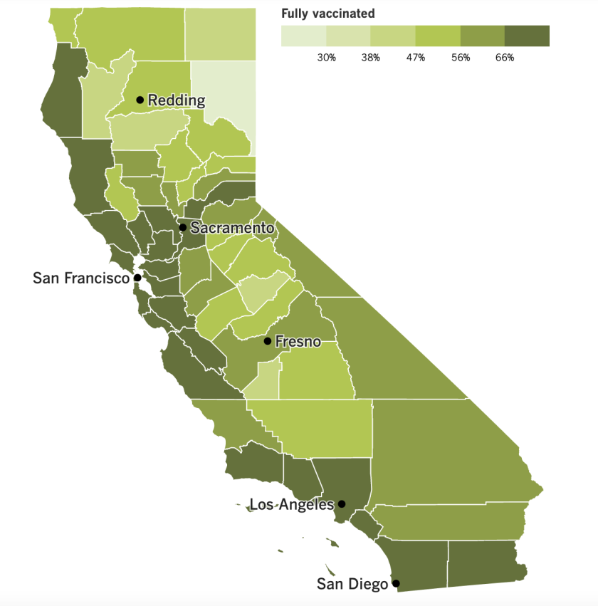 A map of California's vaccination progress by county as of June 14, 2022.