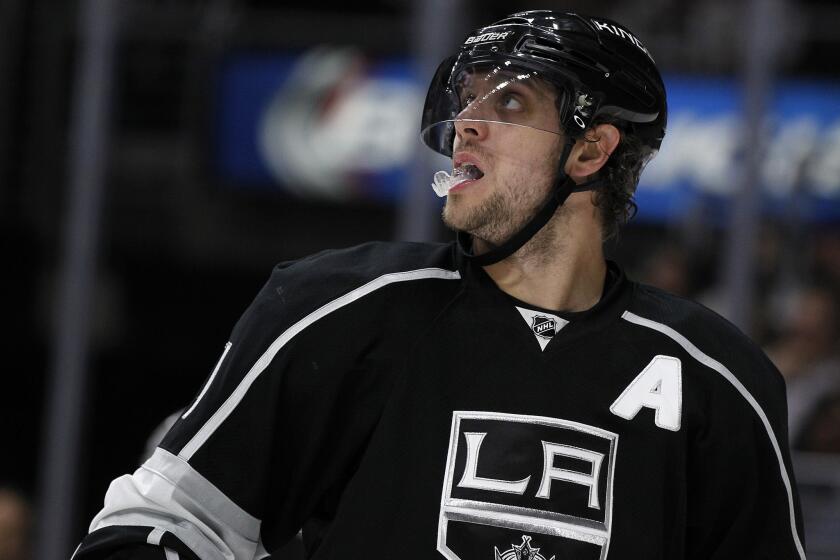 Kings forward Anze Kopitar was forced out of a game against St. Louis on Nov. 3 after he was hit in the head by Blues forward Ryan Reaves' elbow or the end of his stick.