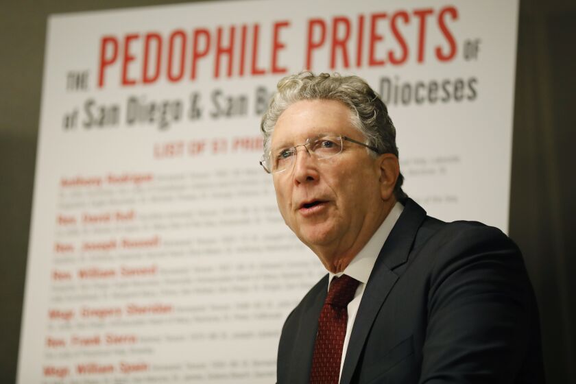 Attorney Irwin Zalkin speaks at a news conference about a lawsuit his firm has filed against six San Diego priests involving 20 victims on Jan. 2, 2020.