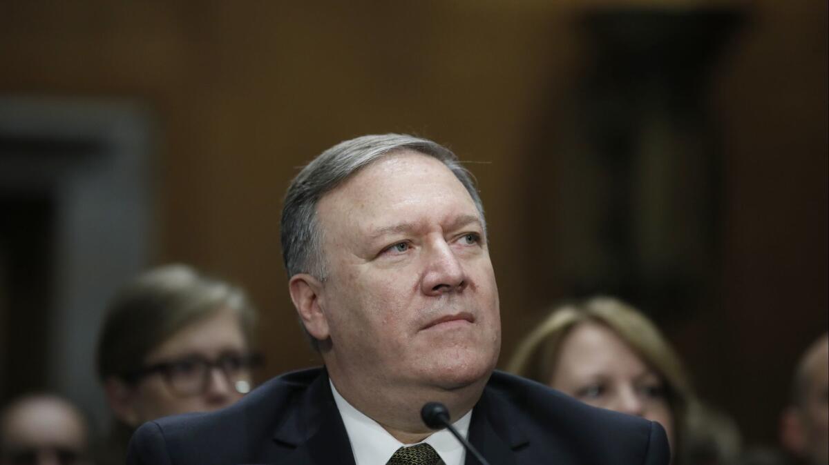 Secretary of State-designate Mike Pompeo during the Senate Foreign Relations Committee confirmation hearing on his nomination to be Secretary of State on April 12 on Capitol Hill.