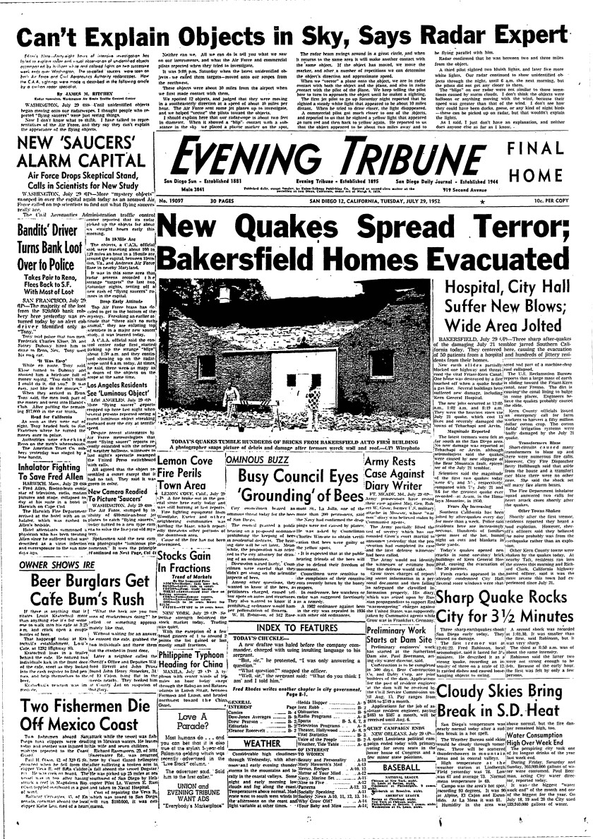 UFO headlines on the front page of the Evening Tribune, Tuesday, July 29, 1952 