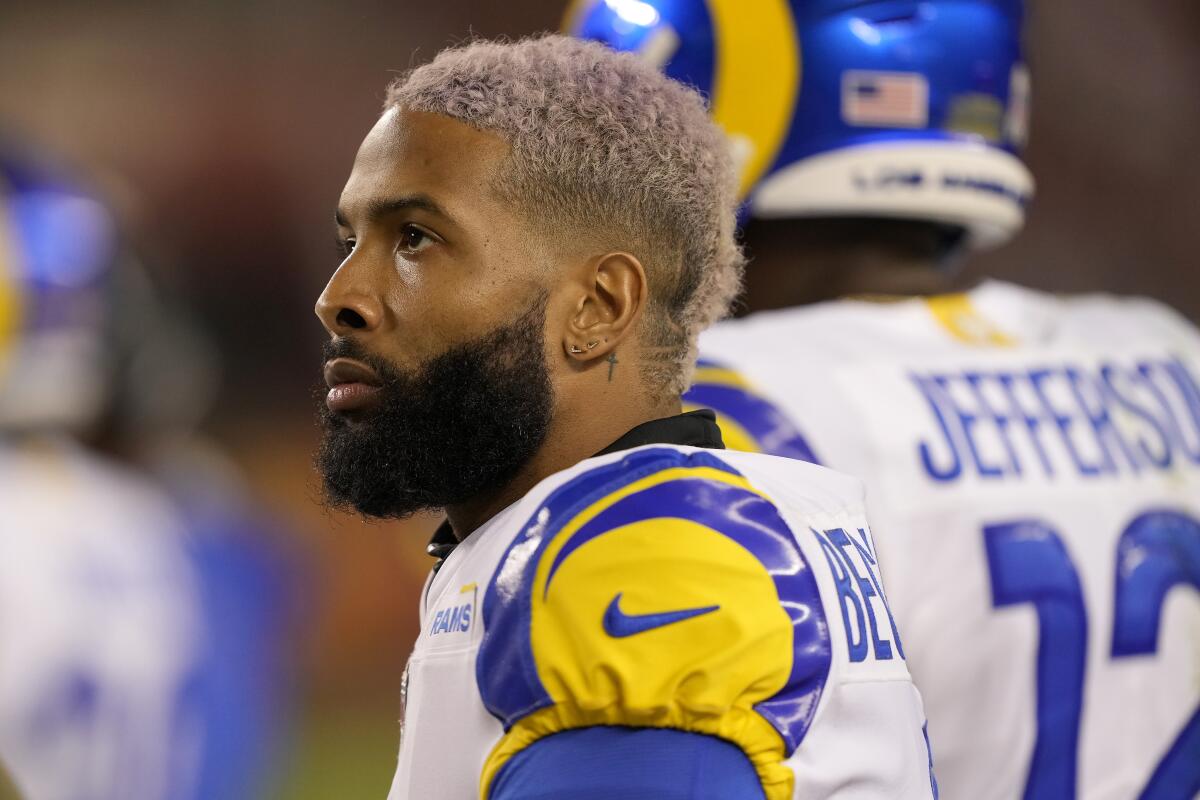 Rams wide receiver Odell Beckham Jr. watches from the sideline during the second half Monday.