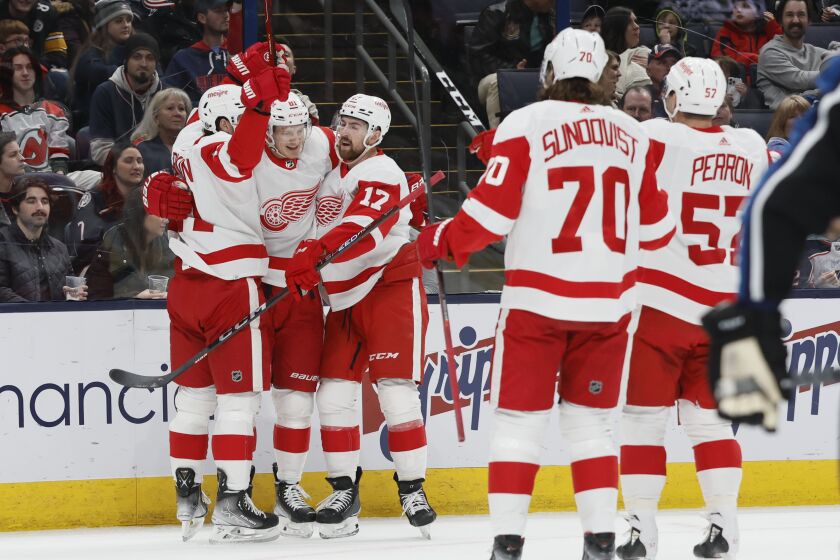 Detroit Red Wings players celebrate their goal against the Columbus Blue Jackets during the first period of an NHL hockey game on Sunday, Dec. 4, 2022, in Columbus, Ohio. (AP Photo/Jay LaPrete)