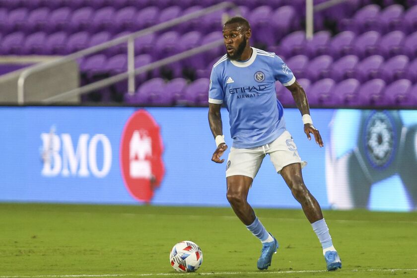 New York City FC defender Sebastien Ibeagha (5) during the first half of an MLS soccer match against CF Montréal Wednesday, July 7, 2021, in Orlando, Fla. (AP Photo/Gary McCullough)
