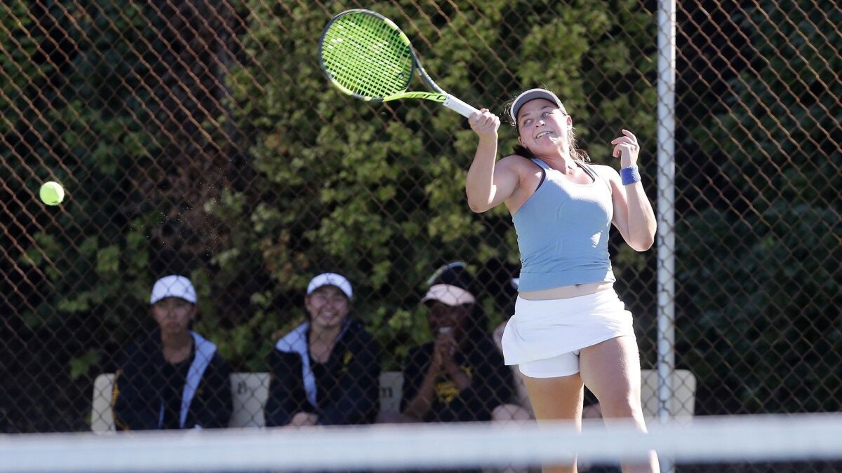 Corona del Mar High's Janie Marcus, pictured competing against Palos Verdes Peninsula on Oct. 17, won her two singles matches in the CIF Southern Section Individuals tournament at Whittier Narrows Tennis Center on Monday.