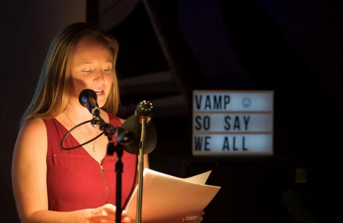 Savannah Cannon performs at So Say We All, a story-writing group in San Diego.