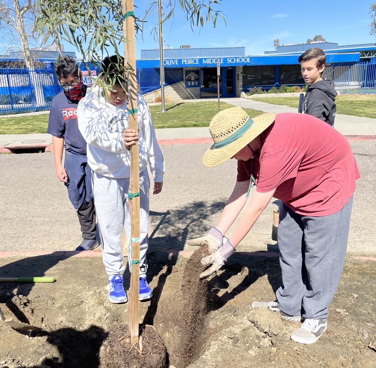 Students planting trees are, from left, Ivan Davalos-Villegas, Arnulfo Perez, Isaiah Lucas and Nathan Everard.