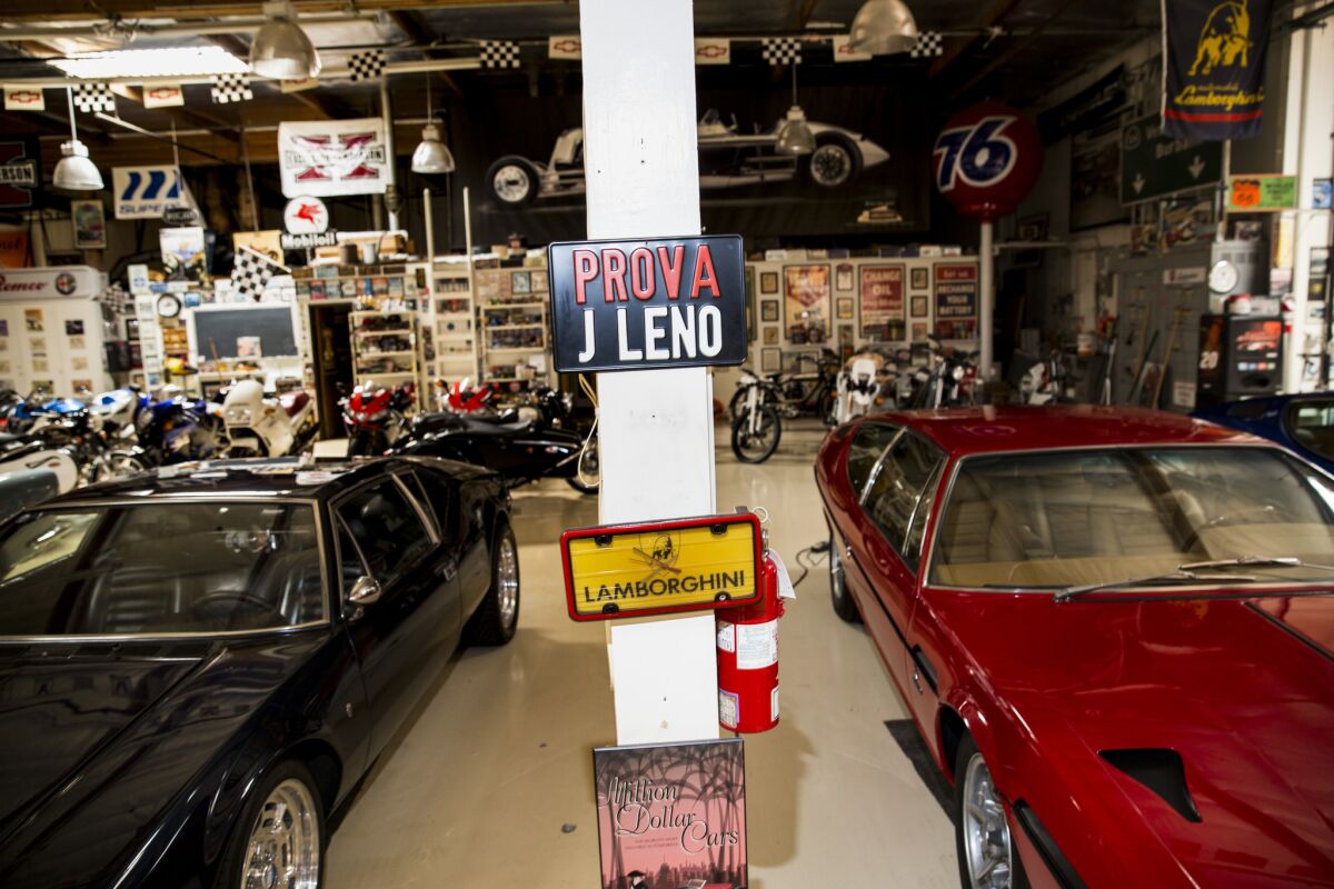 A vast collection of car and career-related memorabilia is housed in Leno's Burbank garage.