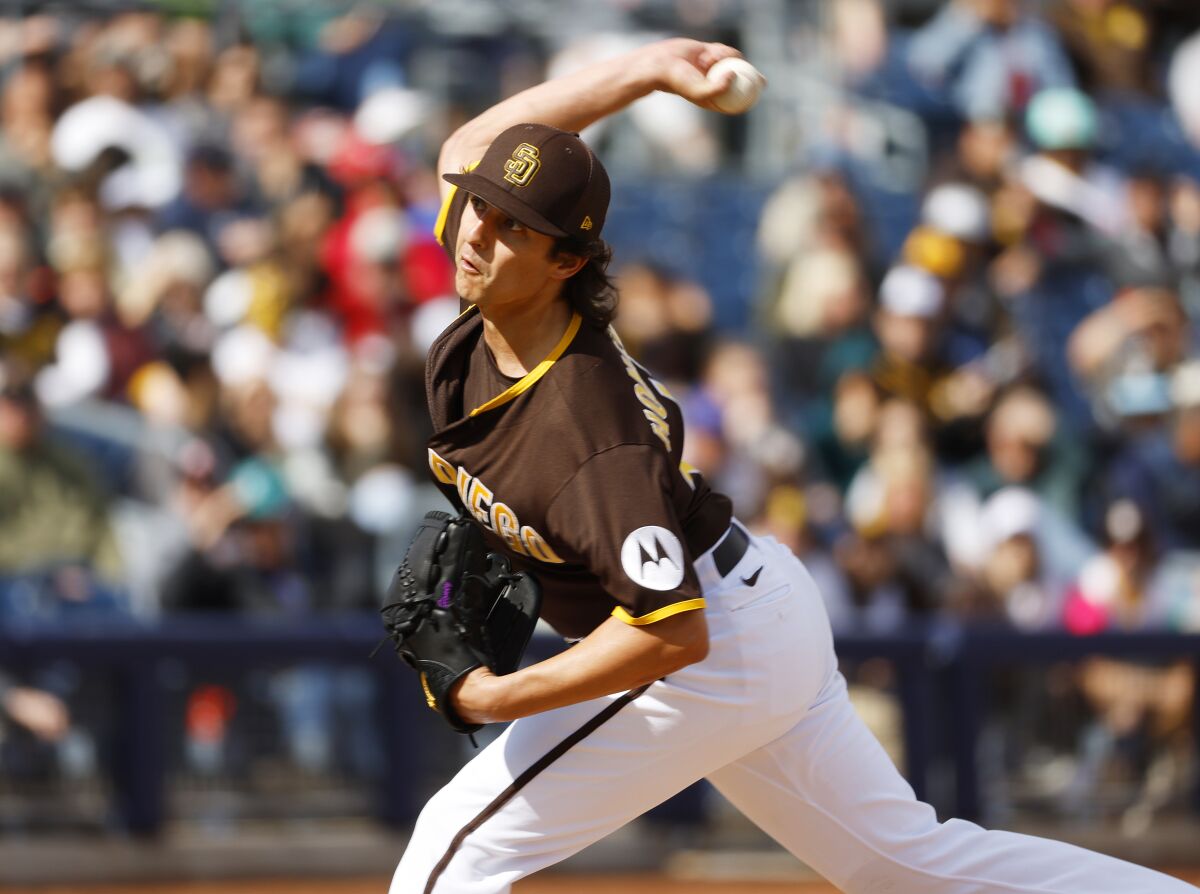 Padres pitcher Brent Honeywell Jr. throws during a spring training game against the Diamondbacks 