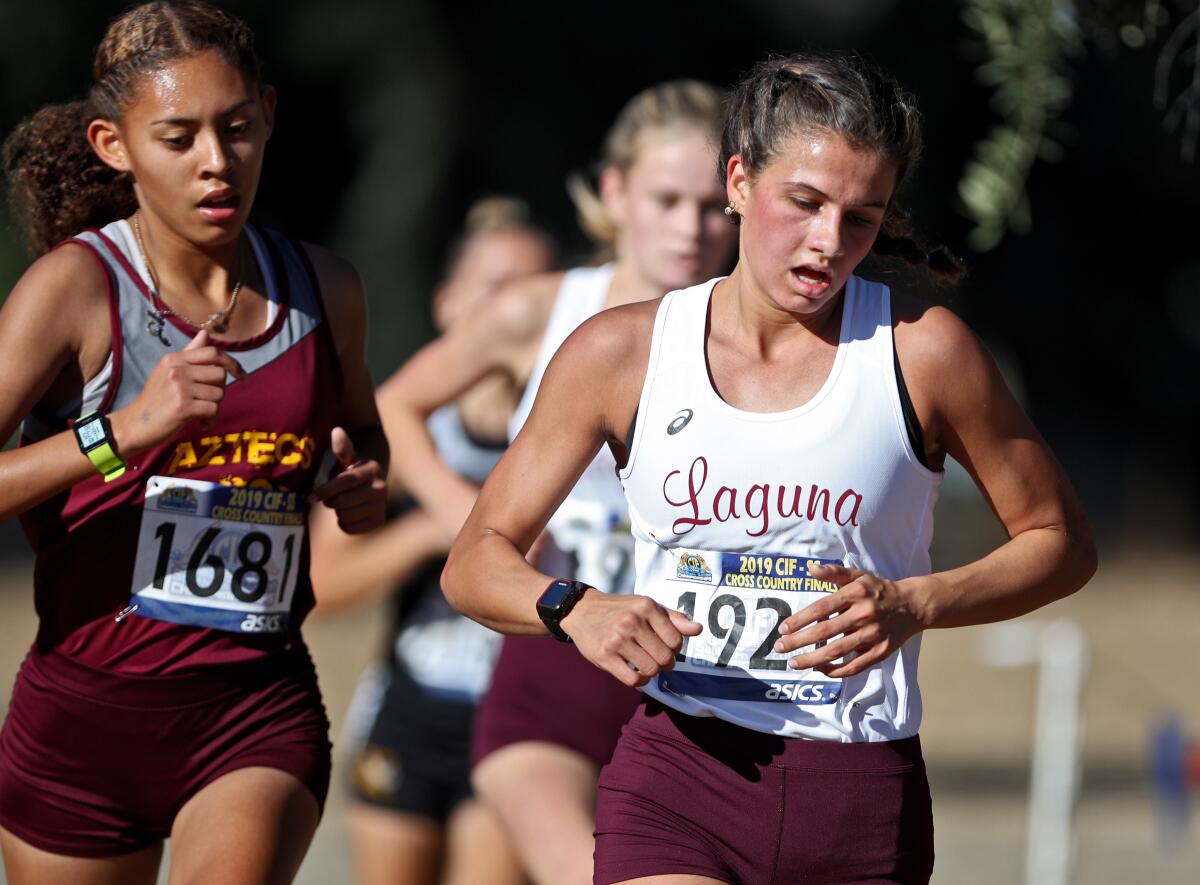 Laguna Beach junior Jessie Rose ran in the CIF Southern Section girls' Division 4 cross-country final at Riverside City Cross-Country Course on Nov. 23, 2019.