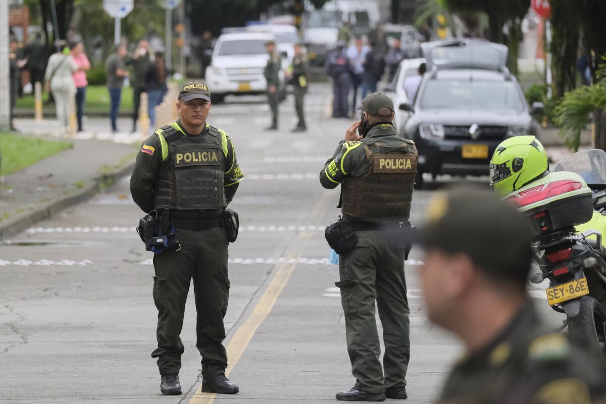 Police standing guard in a street