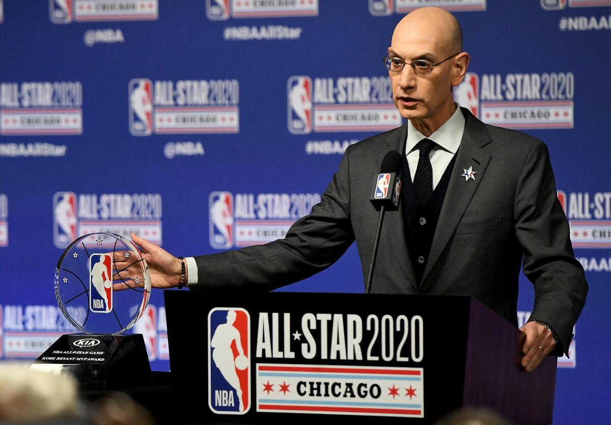 CHICAGO, ILLINOIS - FEBRUARY 15: NBA Commissioner Adam Silver speaks to the media during a press conference at the United Center on February 15, 2020 in Chicago, Illinois. NOTE TO USER: User expressly acknowledges and agrees that, by downloading and or using this photograph, User is consenting to the terms and conditions of the Getty Images License Agreement. (Photo by Stacy Revere/Getty Images)