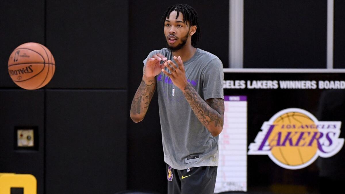 Forward Brandon Ingram receives a pass during a shooting drill at the Lakers' training facility in El Segundo on Tuesday.