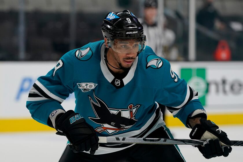 San Jose Sharks forward Evander Kane against the Vegas Golden Knights during a game May 12, 2021.