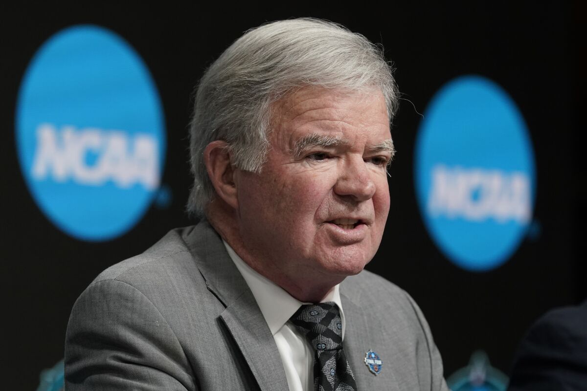 NCAA President Mark Emmert speaks at a news conference.