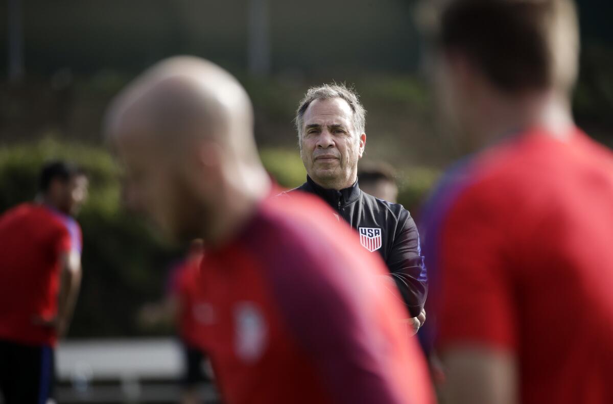 U.S. national soccer team coach Bruce Arena watches his team on Wednesday at StubHub Center.