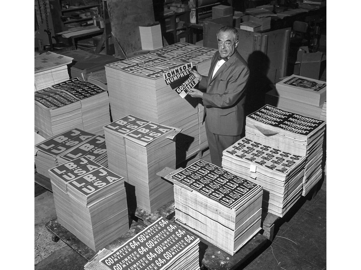 September 1964: Harold E. Feinstein is surrounded by stacks of Barry Goldwater and Lyndon Johnson campaign materials.