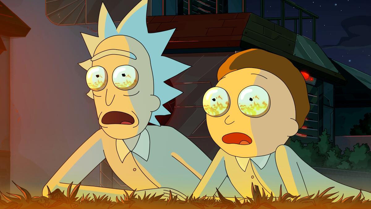 An animated older man and a young boy look frightened in "Rick and Morty."