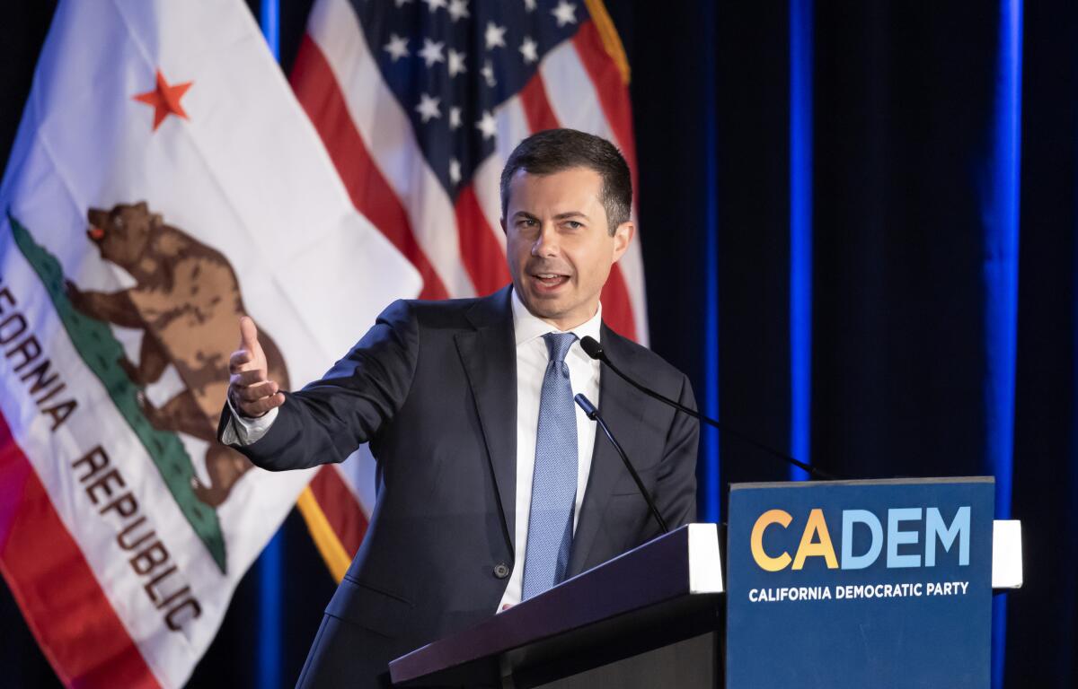 Pete Buttigieg speaks to the California delegation at the Democratic convention on Wednesday.