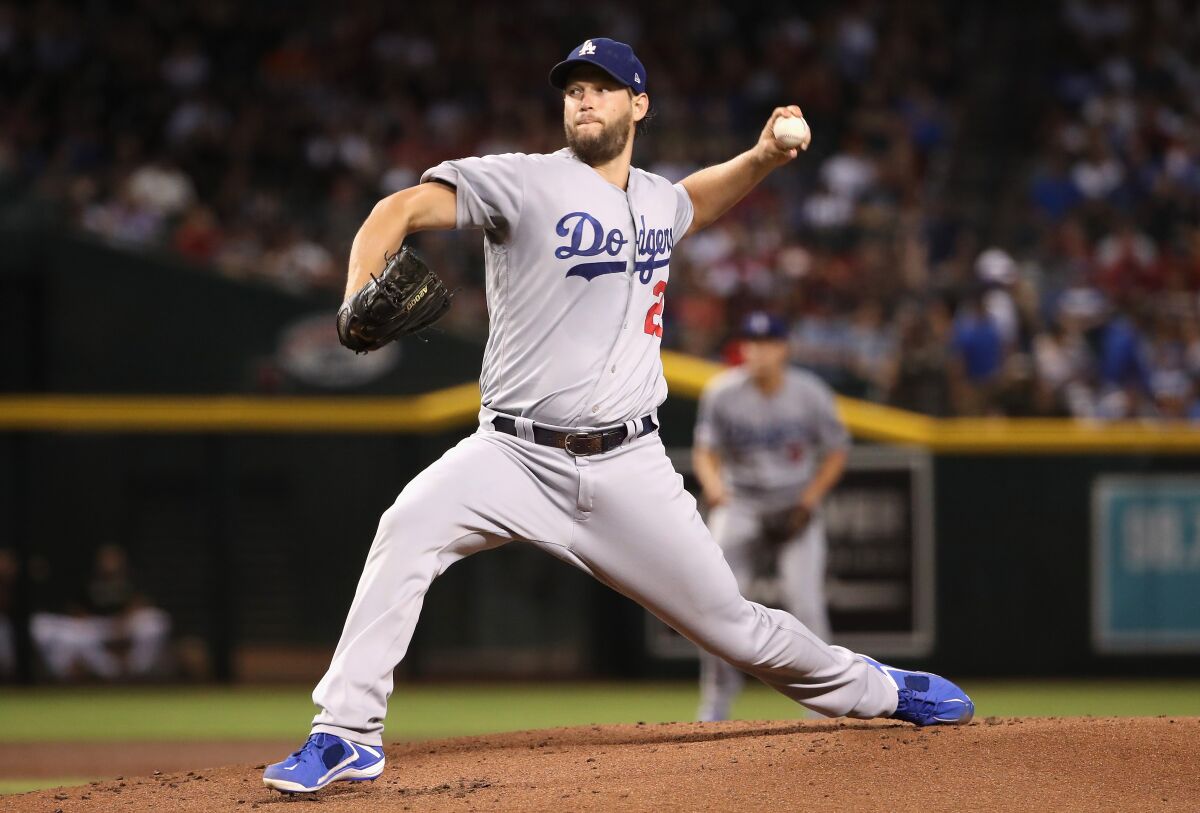 The Dodgers' Clayton Kershaw delivers a first-inning pitch Aug. 31, 2019.