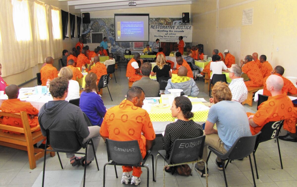 A meeting is held for the restorative justice program at Pollsmoor Prison in Cape Town, South Africa.