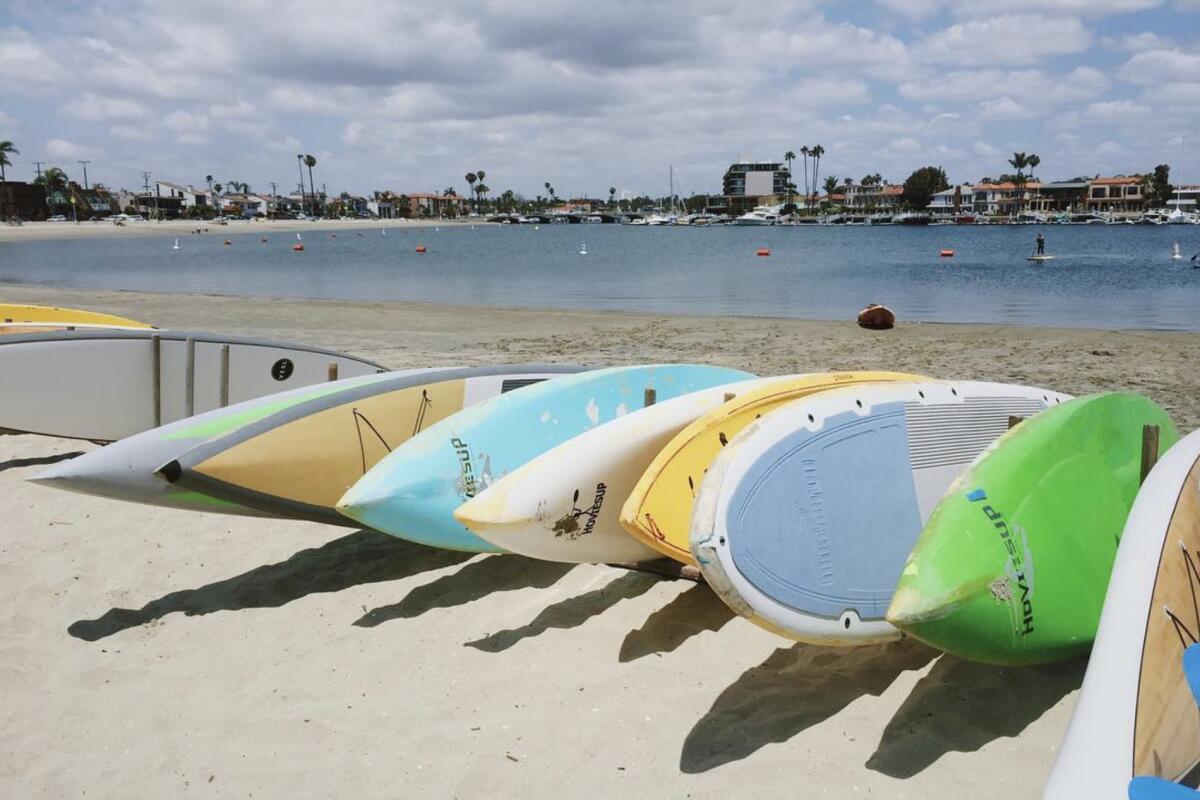 A row of kayaks along the sand in Long Beach.