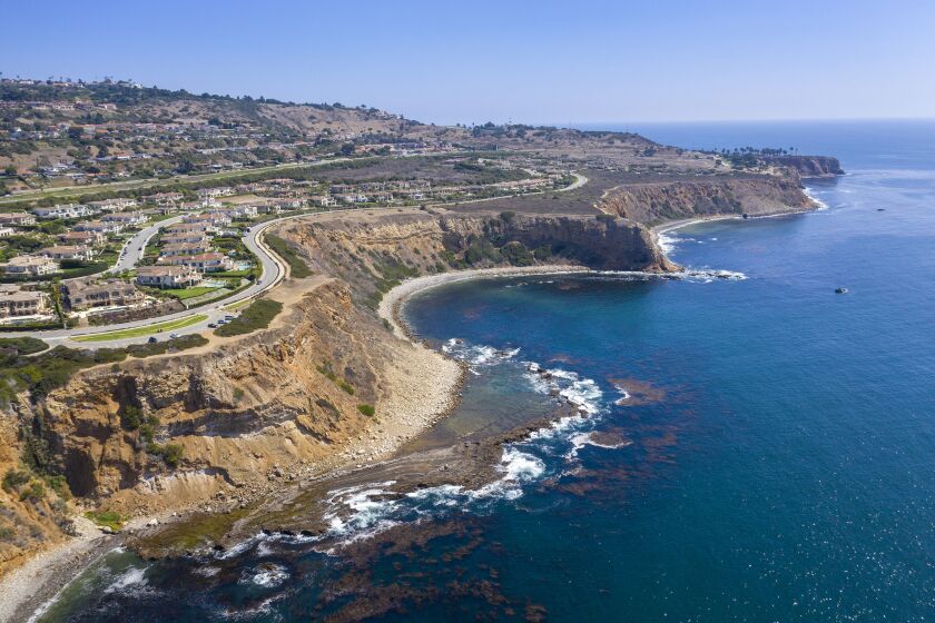 RANCHO PALOS VERDES, CA - SEPTEMBER 22: An aerial view of the Palos Verdes Shelf Superfund site, an area of contaminated sediment off the Palos Verdes Peninsula. Montrose Chemical Corp. dumped DDT, originally developed as an insecticide, between 1947 and 1971, and covers about 17 square miles of the ocean floor near Rancho Palos Verdes Tuesday, Sept. 22, 2020. Montrose discharged millions of pounds of DDT into Los Angeles County sewers, which empties two miles offshore in the Palos Verdes Shelf. Concentrations of DDT and PCBs in fish found in the Palos Verdes Shelf area continue to pose a threat to human health and the environment. (Allen J. Schaben / Los Angeles Times)