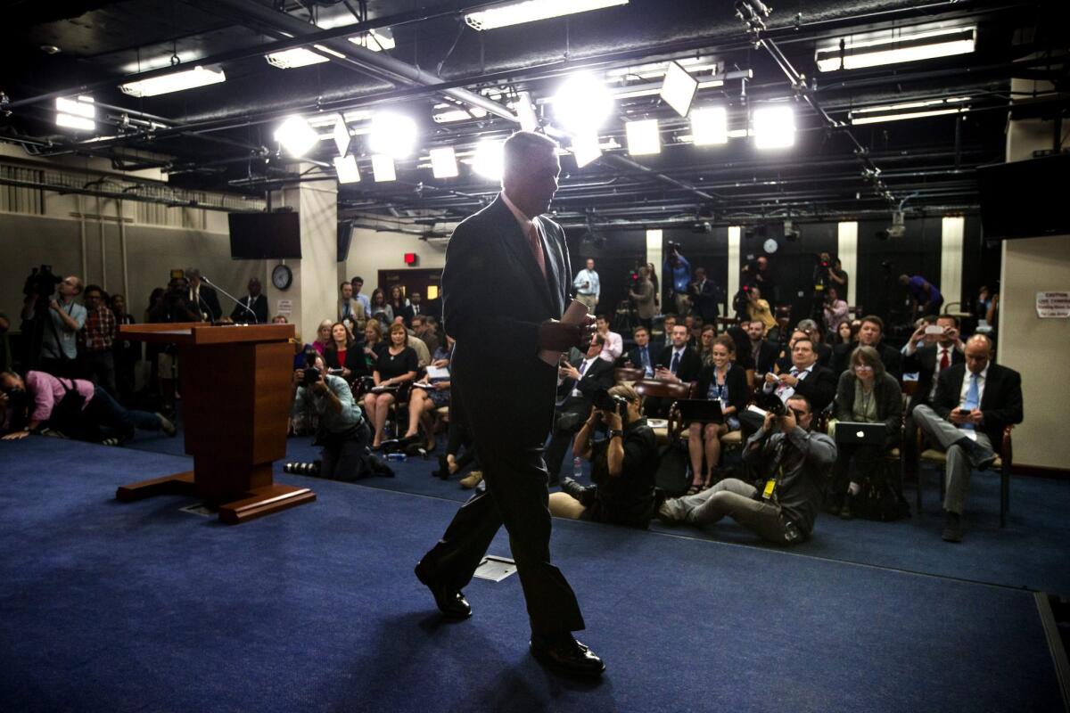 Republican Speaker of the House from Ohio John Boehner walks away from the podium after announcing that he is retiring from Congress, on Sept. 25.