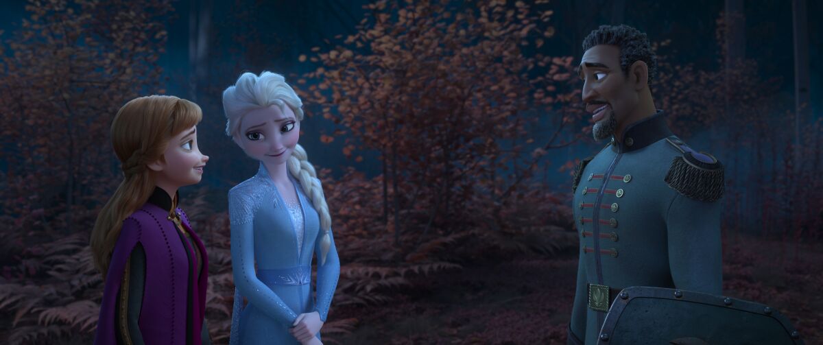 Anna (voice of Kristen Bell) and Elsa (Idina Menzel) meet Lt. Destin Mattias (Sterling K. Brown) in the movie "Frozen II."