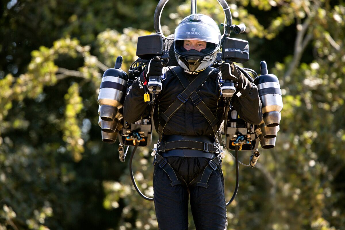 David Mayman, founder of Chatsworth-based JetPack Aviation, suits up in his company's JB11 model in 2018 in England