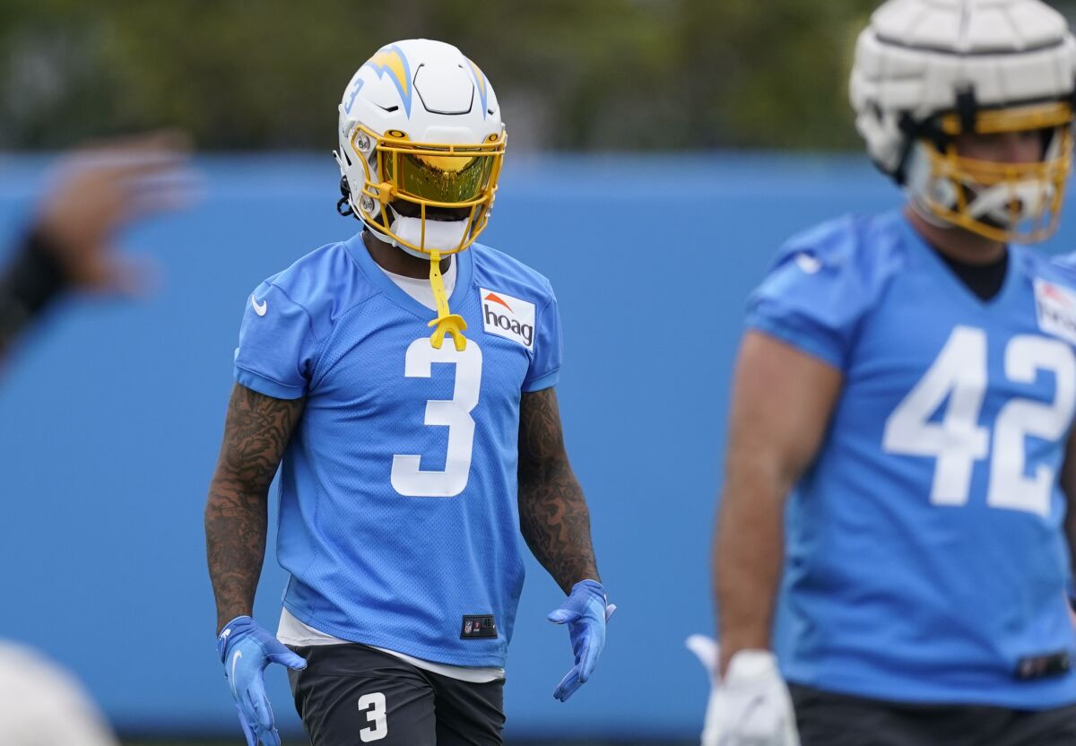 Chargers safety Derwin James Jr. (3) walks the field during drills.