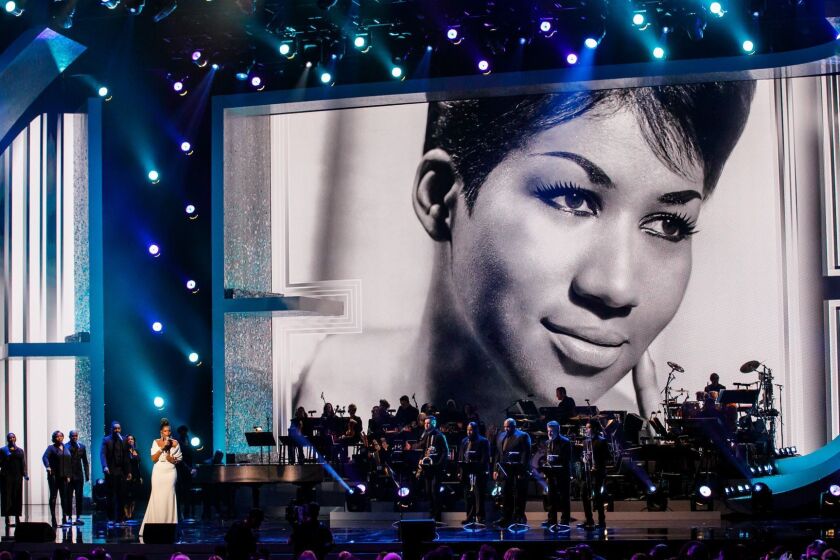 LOS ANGELES, CALIF. -- SUNDAY, JANUARY 13, 2019: Jennifer Hudson performs for Aretha Franklin's tribute concert, "ARETHA! A GRAMMY CELEBRATION FOR THE QUEEN OF SOUL," at the Shrine Auditorium in Los Angeles, Calif., on Jan. 13, 2019. (Marcus Yam / Los Angeles Times)