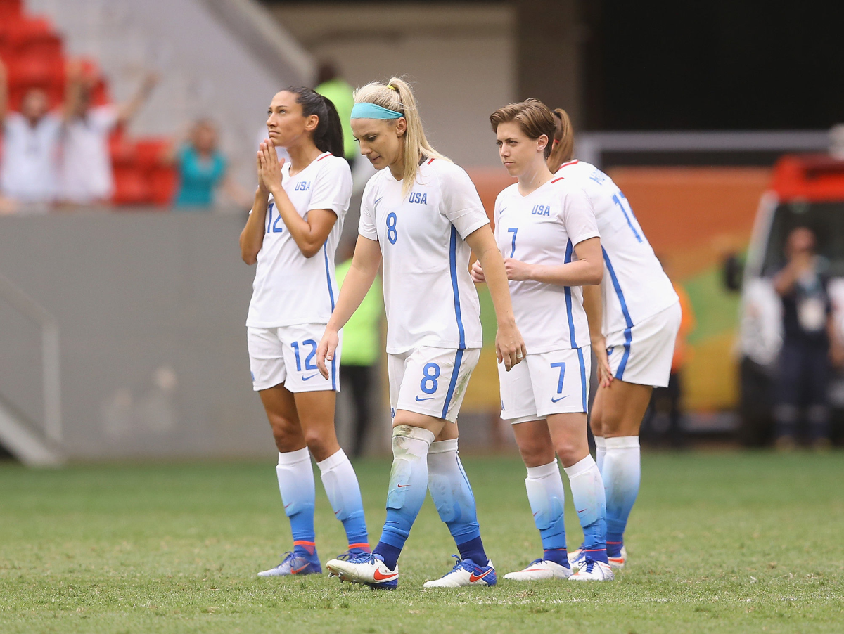 U.S. Women's National Team players Christen Press, Julie Johnston, Meghan Klingenberg and Tobin Heath react to losing.