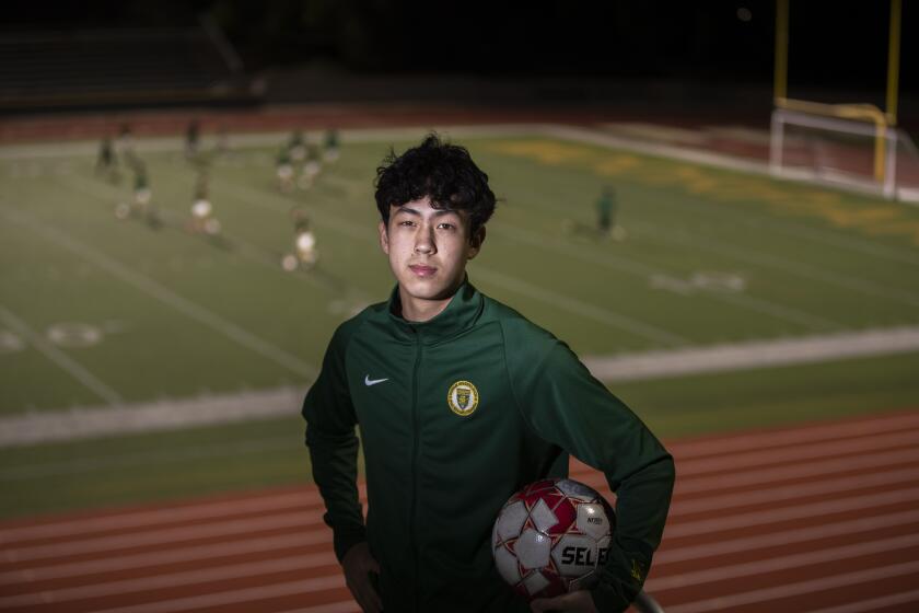 Moorpark, CA - January 10: Moorpark High School senior soccer standout Justin Conyers, who also has never gotten a grade other than A in high school, is photographed at Moorpark High School in Moorpark, CA on Monday, Jan. 10, 2022. (Allen J. Schaben / Los Angeles Times)