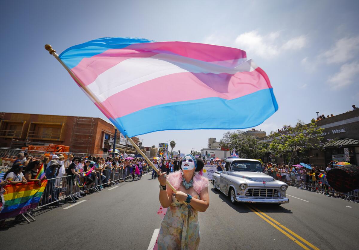 Sister Yesate of the Sisters of Perpetual Indulgence waves a transgender flag while walking in the San Diego Pride Parade.