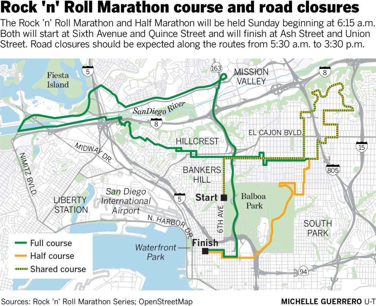 Rock 'n' Roll Marathon course and road closures