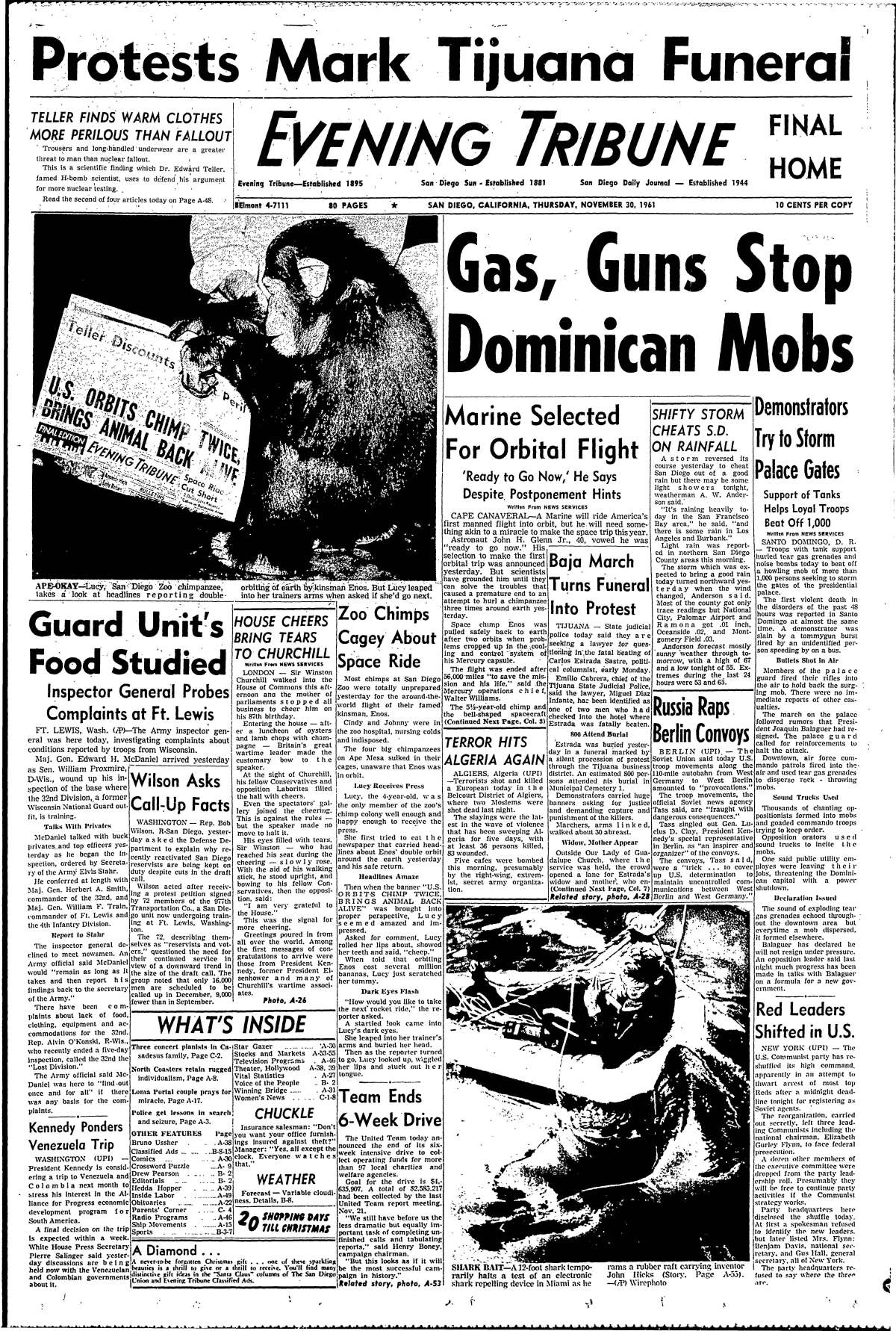 "Zoo Chimps Cagey About Space Ride," on  front page of the Evening Tribune, Nov. 30, 1961.