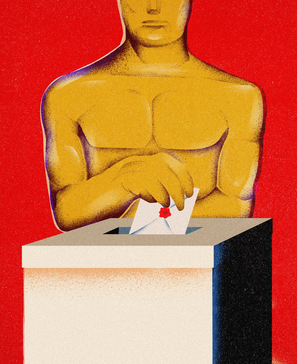 Oscar statue putting an envelope into a ballot box
