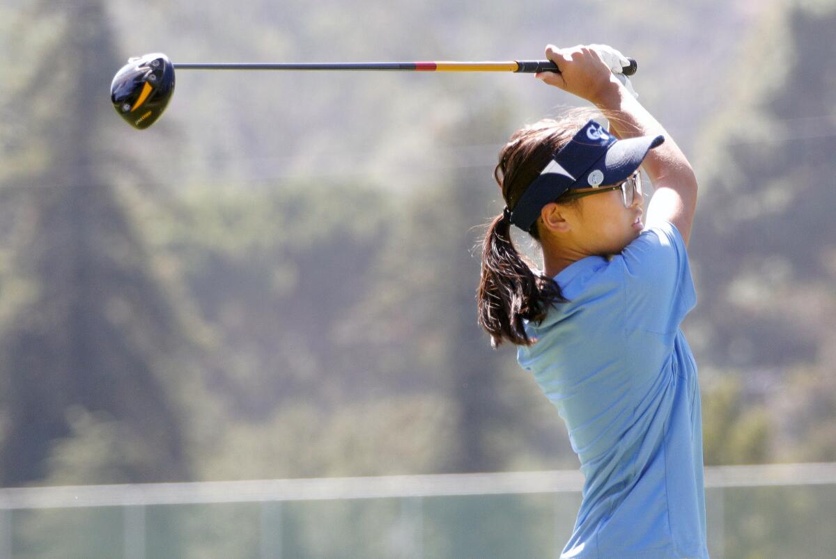 Crescenta Valley's Katie Bernabie tees off on the fourth in a Pacific League girls' golf match at Harding Golf Course in Los Angeles on Tuesday, September 24, 2019.