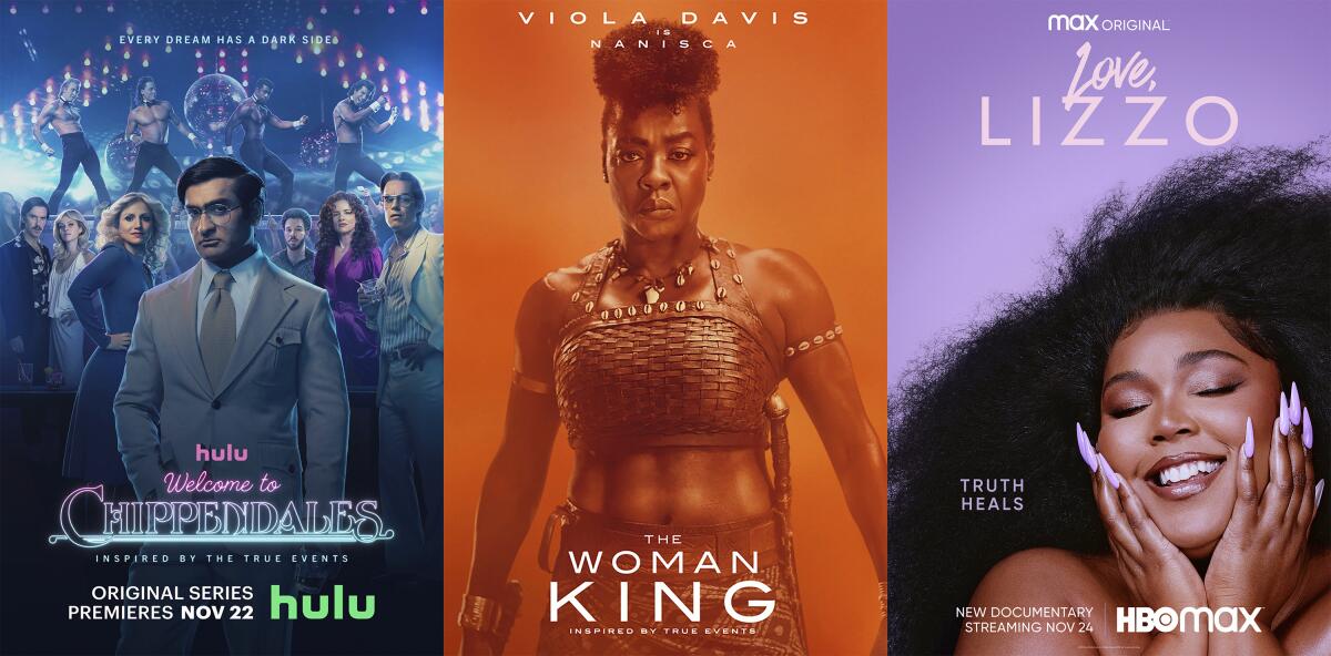 This combination of photos shows promotional art for "Welcome to Chippendales," a series premiering Nov 22, left, "The Woman King," available on VOD on Nov. 22, center, and "Love. Lizzo," a film premiering Nov. 24 on HBO Max. (Hulu/Sony Pictures/HBO Max via AP)