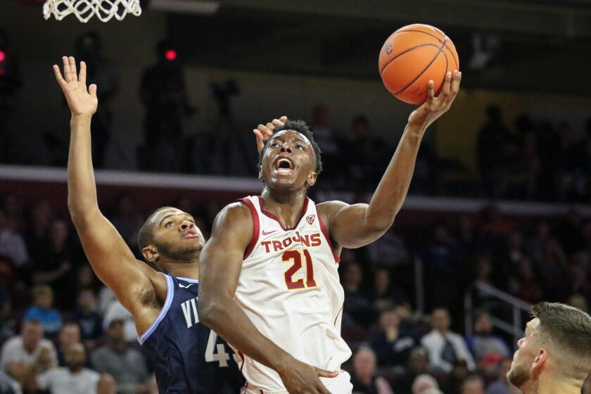 USC's Onyeka Okongwu goes up for a shot during an exhibition game against Villanova.