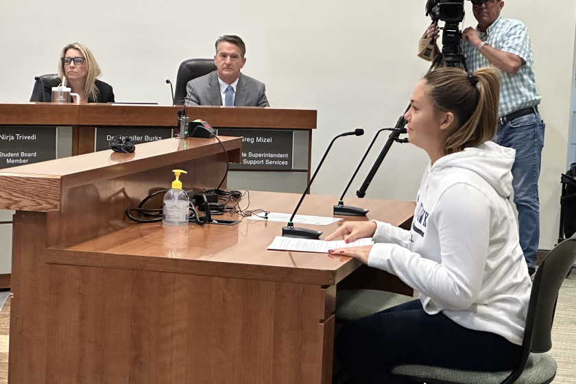 Jessica Phelps, daughter of Poway Unified Superintendent Marian Kim Phelps, speaks at a Nov. 15 special school board meeting.
