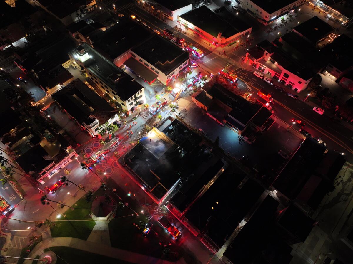 Arial shot of a fire that broke out on the Balboa Peninsula at around 10:05 p.m. Wednesday.