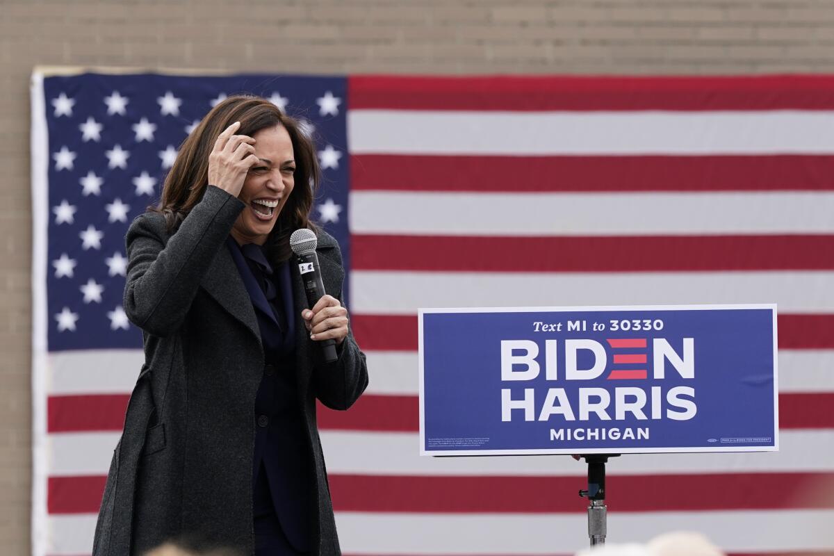 Sen. Kamala Harris, the Democratic vice presidential candidate, speaks during a campaign event on Sunday in Detroit.